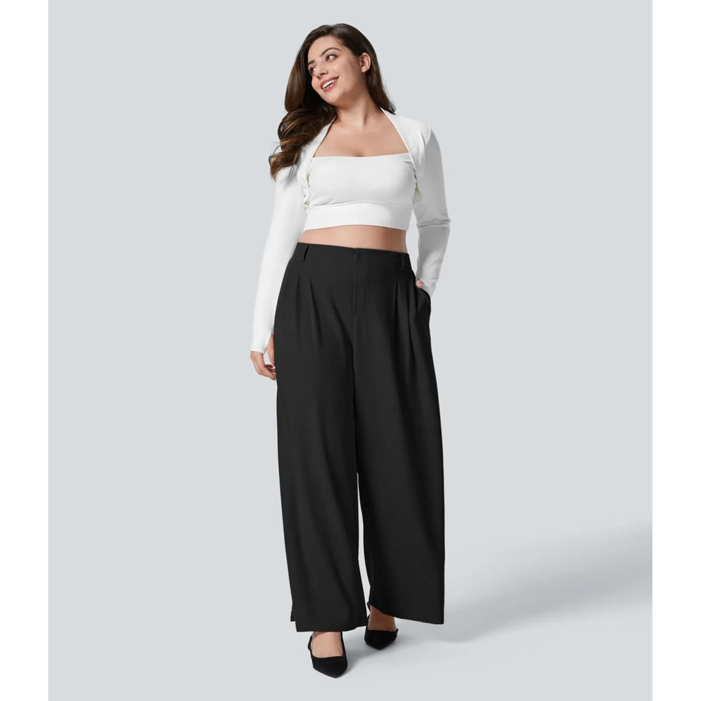Halara Flex High Waisted Pocket Wide Leg Waffle Work Pants Black  1X/XXL Petite